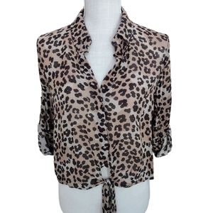 Bella Dahl Womens Crop Button Down Animal Print Long Sleeve Shirt‎ Brown Size XS